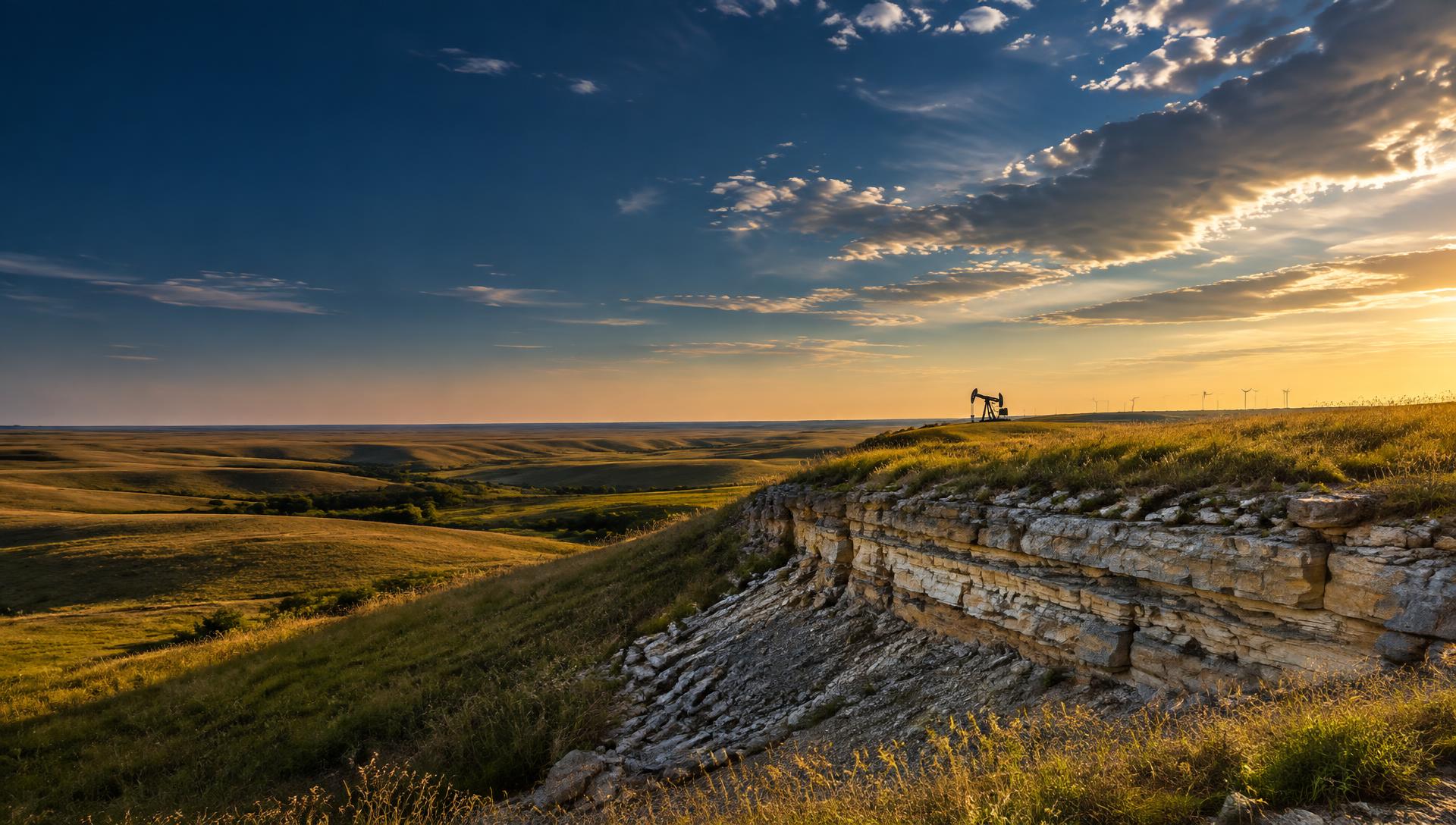 Kansas prairie, limestone formations, and energy infrastructure at sunset